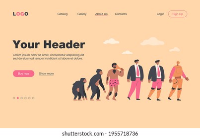 Human evolution to robot line. Primate monkey, ancestor, caveman, business man, man with bionic limb, cyborg. Vector illustration for anthropology, intelligence development concept