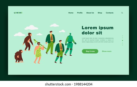 Human evolution to robot line. Primate monkey, ancestor, caveman, business man, man with bionic limb, cyborg. Vector illustration for anthropology, intelligence development concept