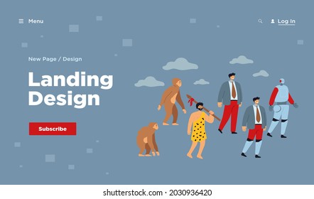 Human evolution to robot line. Primate monkey, ancestor, caveman, business man, man with bionic limb, cyborg. Vector illustration for anthropology, intelligence development concept