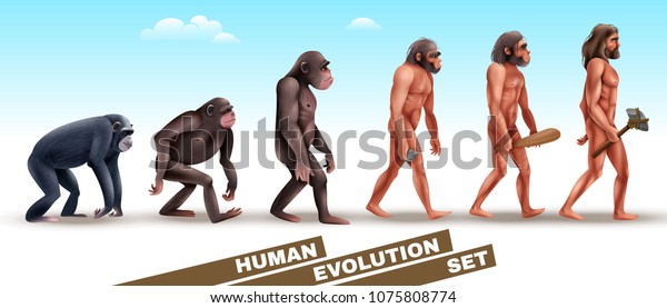 Human evolution set\
of characters from primates to homo sapiens on blue sky background\
vector illustration  