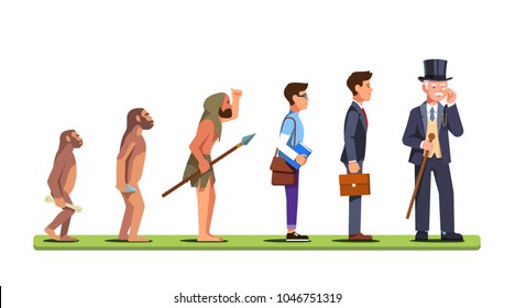 Human evolution stages from ape to a man of business. Progression of mankind from prehistoric to a capitalist business person. Flat style character isolated vector illustration on white