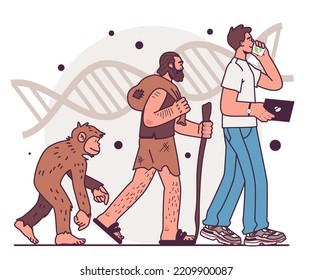 Human evolution stages. Evolutionary development from primate to a modern man with a smartphone. Darwin's theory of biological evolution. Flat vector illustration