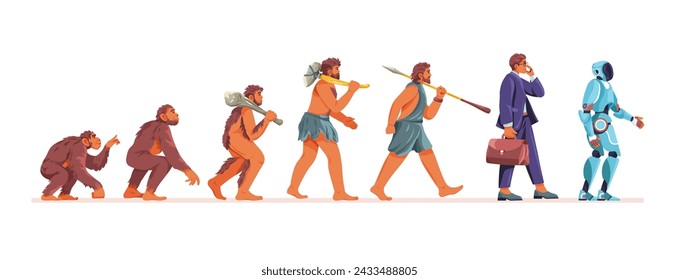 Human evolution stages. Homosapiens progression monkey human ancestor to future businessman or cyborg, early caveman and modern man cartoon vector illustration of development progress evolution