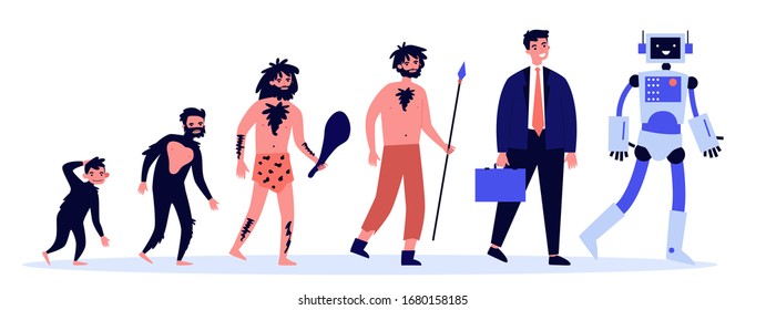 Human evolution theory flat vector illustration. Way from monkey to cyborg or robot. Cavemen as ancestors. Anthropology, reality and history concept.