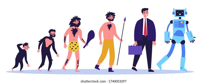 Human evolution theory flat vector illustration. Way from monkey to cyborg or robot. Cavemen as ancestors. Anthropology, reality and history concept.