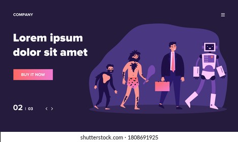 Human evolution theory flat vector illustration. Way from monkey to cyborg or robot. Cavemen as ancestors. Anthropology, reality and history concept.