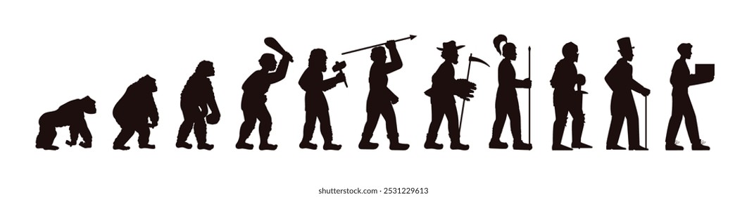 Silhueta preta de infográficos de vetor de evolução humana. Macaco, homem das cavernas primitivo, idade da pedra masculino, homem das cavernas antigo, medieval, vitoriano, homem de negócios, homem futurista. Toda a antropologia e o desenvolvimento