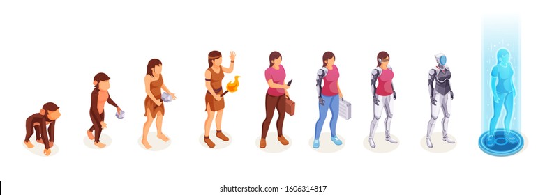 Human evolution of woman from monkey to digital technology world robot and cyborg technology. Life development process and people evolution from apes to modern life artificial intelligence