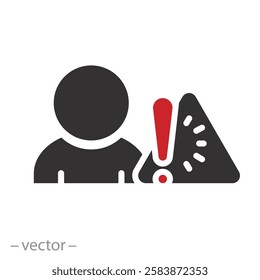 human with exclamation mark, alert risk for man icon, attention information caution, flat vector illustration