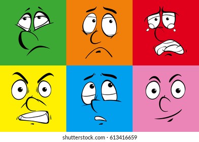 Human expressions on six colors backgrounds illustration