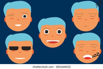 Human expressions- There are 5 male human expressions of happiness, sleepiness, thinking, wearing glasses and winking, Vector.