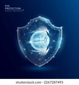 Human eye anatomy organ translucent low poly triangle inside shield futuristic glowing. On dark blue background. Immunity protection medical innovation concept. Vector EPS10.