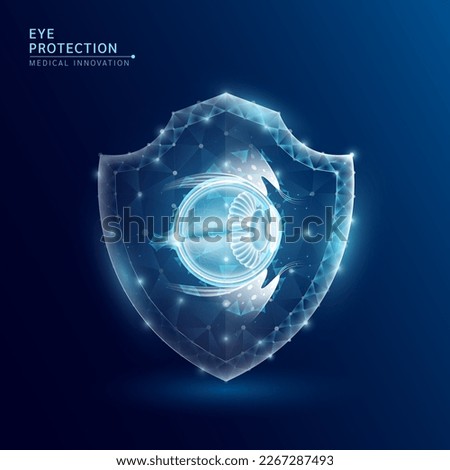 Human eye anatomy organ translucent low poly triangle inside shield futuristic glowing. On dark blue background. Immunity protection medical innovation concept. Vector EPS10.