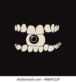 Human eye between the crooked teeth on a black background.