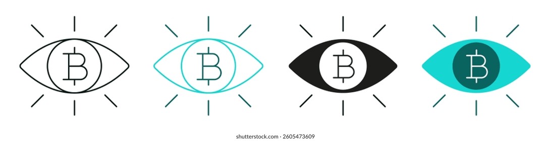 Human eye with Bitcoin line icon set. Linear sign, symbol, outline logo for web or mobile app. Cryptocurrency, Bitcoin, Finance, money, market vision or business concept. Editable vector stroke.