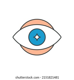 Human eye blue glossy lens spiritual optical eyesight pop art groovy style t shirt print vector cartoon illustration. Comic eyeball vintage graphic sticker design. Creative vision contemplative