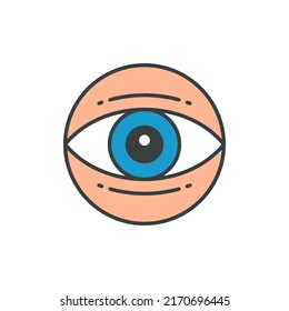 Human eye blue lens with eyeball and eyelids circle pop art sticker groovy contoured style vector cartoon illustration. See optical vision contemplation comic element t shirt print decorative design