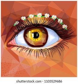 Human eye card colorful realistic low poly design. Vector illustration of brown eye with gold contact lense. floral cut crease makeup with freckles. Boho chic inspired unique look in a modern style. 