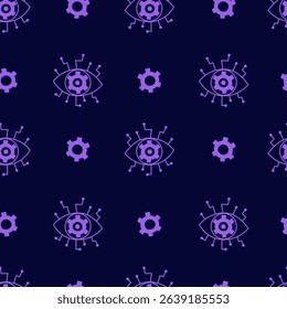 Human Eye with Circuit Board and Gear Seamless Pattern. Futuristic Technology Background with scientific symbols and purple color. Repeat vector illustration