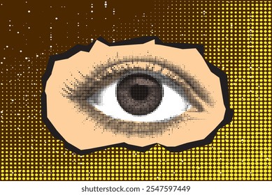 Human eye collage pop art mixed media element in Retro grunge halftone dotted texture. 
retro pop art halftone grunge effect old newspaper print vintage cut-out collage element for mixed media design