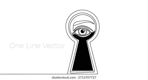 Ein menschliches Auge wird durch ein Schlüsselloch gesehen dargestellt. Die gesamte Illustration wird mit einer durchgehenden einzelnen Zeile erstellt. Der Hintergrund ist sauber und weiß