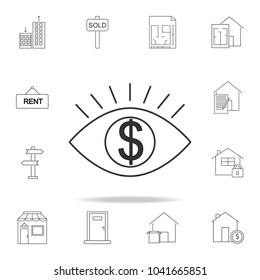 Human eye with dollar sign inside linear icon. Set of sale real estate element icons. Premium quality graphic design. Signs, outline symbols collection icon for websites on white background
