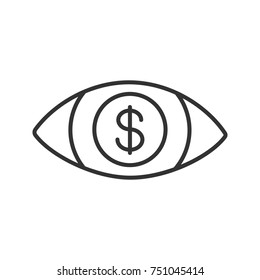Human eye with dollar sign inside linear icon. Greedy person. Thin line illustration. Wealth. Contour symbol. Vector isolated outline drawing