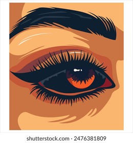 Ojo humano y Ilustración vectorial de cejas. Ojo de niña demoníaca con pestañas largas, párpado y reflejo, modelo para la industria de la belleza, Halloween, horror. Aislado, Imagen de Vector