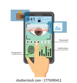 Human eye, fingerprint on mobile phone screen and finger entering password, vector flat illustration. Fingerprint and eye recognition biometric and password protection. Smartphone security.