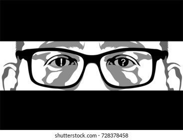 Ojo humano con gafas y signo de interrogación