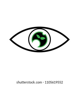 Human eye with green leaves in a pupil flat vector illustration. Environment protection organization icon. Ecology friendly. Look green symbol. People for Earth protection. Environmentally conscious