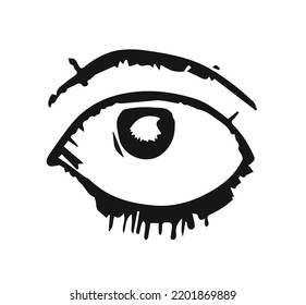 Human eye in grunge style. Black ink illustration, isolated on white background.