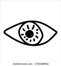 Human eye in hand drawn doodle style isolated on white background. Vector stock outline illustration. Single. Sign element. Logo. Print. Line art. Logotype. Eye examination. Lenses for eyes