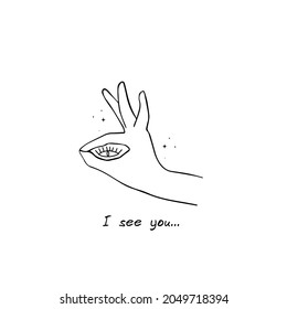 Human eye in hand ok gesture sketch vector illustration. Good sign. I see you. Hand drawn image.