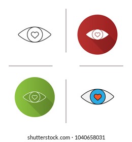 Human eye with heart inside icon. Flat design, linear and color styles. Fallen in love. Isolated vector illustrations
