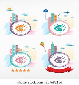  Human eye icon city background. Cityscape color illustration set.  