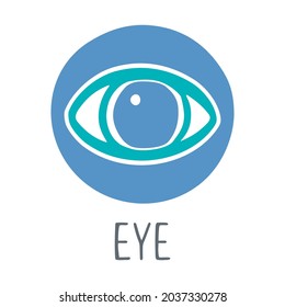 Human eye icon. Two-color symbol with handwritten title isolated on a white background. Vector flat hand drawn illustration