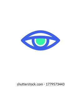 Vector de ícono de ojo humano, signo plano lleno de visión, pictograma bicolor, color verde y azul. Símbolo, ilustración de logotipo