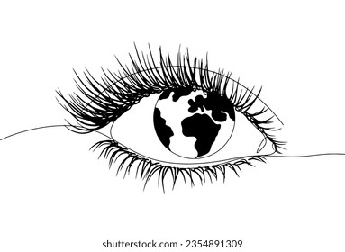 Human eye. The iris in the form of the Earth. World Retina Week. World Retina Day. One line drawing for different uses. Vector illustration.