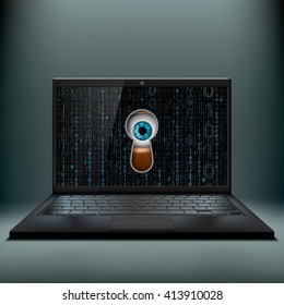 Human eye in the keyhole and a laptop. Cybercrime. Stock vector illustration.