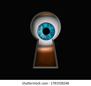 Human eye looking through a keyhole. Peeping and curiosity. Vector illustration.