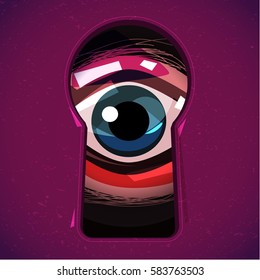 Human eye Looking through a keyhole. Eyes can see you concept. horror or halloween - vector illustration