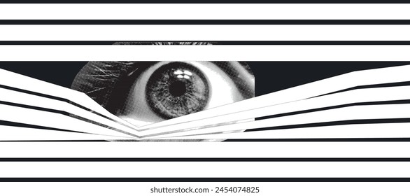 The human eye looks through the blinds. Concept of observation, peeking. Collage design elements in trendy dotted pop art style. Retro halftone effect. Vector illustration.