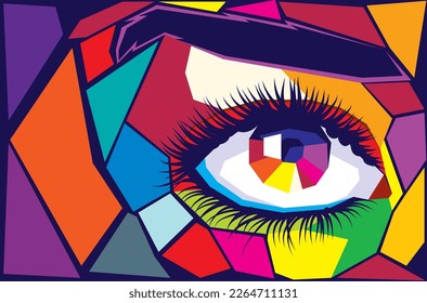 Human eye made of colorful polygons, retro pop art style.