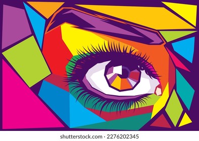 Human eye made of colorful polygons, retro pop art style.