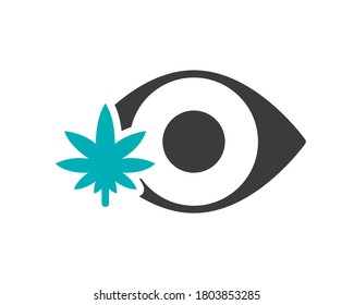 Ojo humano con icono de la línea de la hoja de marihuana. Tratamiento con cannabis, símbolo de anestesia