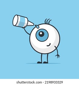 Human eye mascot character applying medical drops, eye health medicine for conjunctivitis, dry and sore eye treatment. Vector cartoon illustration