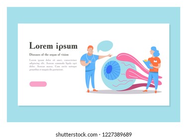 Human eye. Miniature doctors study and treat the big human eye. Vector concept of ophthalmic medical care.