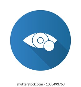 Human eye with minus sign flat design long shadow glyph icon. Nearsighted vision. Myopia. Vector silhouette illustration
