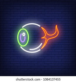 Human Eye Neon Sign. Horrible Eye With Optic Nerve. Night Bright Advertisement. Vector Illustration In Neon Style For Eye Anatomy And Halloween